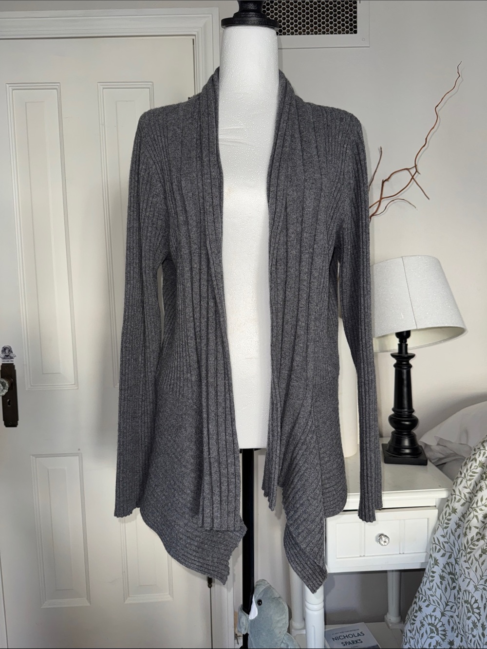 Prive Cashmere Open-Front Ribbed Draped Cardigan - Gray